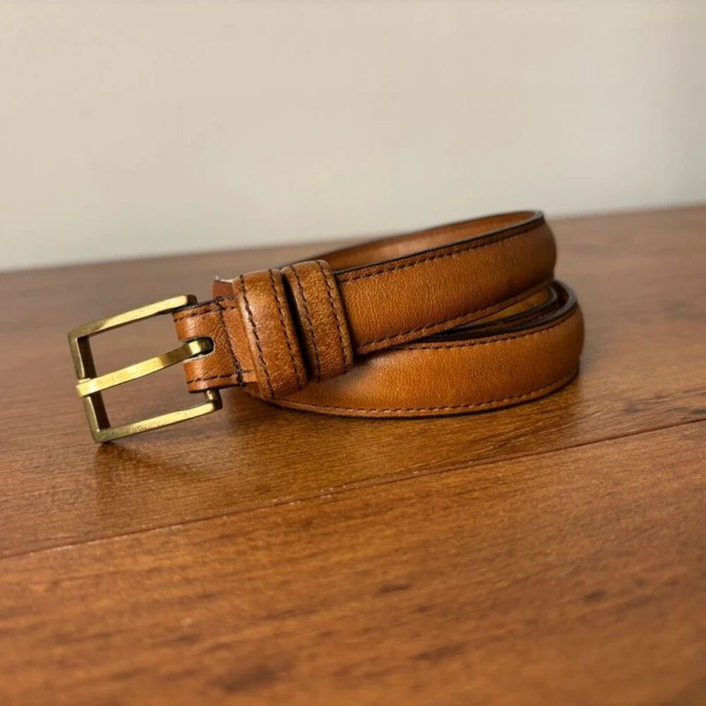 VTG Dooney & Bourke Cognac Tan Leather Belt Brass Buckle 28 Skinny Narrow Stitch